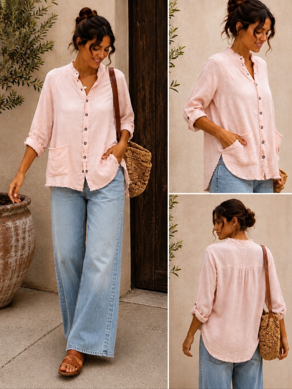 We The Free Daydream Pale Pink Gauze Button-Down Shirt